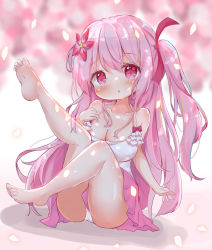Rule 34 | 1girl, ass, barefoot, blush, breasts, camisole, cleavage, feet, flower, hair flower, hair ornament, legs, legs up, long hair, magical girl, miniskirt, miria (mamamamave), original, panties, pink eyes, pink hair, pink skirt, pink theme, side ponytail, skirt, soles, solo, thighs, toes, underwear, white camisole, white panties