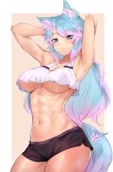 Rule 34 | 1girl, abs, absurdres, animal ear fluff, animal ears, armpits, arms behind head, arms up, black shorts, blue eyes, blue hair, breasts, cleavage, commentary, commission, deccatezu, english commentary, flower, hair flower, hair ornament, highres, large breasts, long hair, looking at viewer, multicolored hair, multicolored tail, navel, pink hair, shirt, shorts, silvervale, streaked hair, swept bangs, tail, tail ornament, underboob, virtual youtuber, vshojo, white shirt, wolf ears, wolf girl, wolf tail