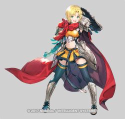 Rule 34 | 1girl, amelia (fire emblem), arm guards, arm up, armor, armpit peek, blonde hair, blue thighhighs, bob cut, cape, clenched hand, commentary request, copyright name, elbow gloves, fire emblem, fire emblem: the sacred stones, fire emblem heroes, gauntlets, gloves, greaves, green eyes, grey background, happy, hip armor, looking at viewer, midriff, miniskirt, navel, nintendo, official alternate costume, official art, open mouth, pauldrons, pleated skirt, red cape, salute, sandals, short hair, shoulder armor, simple background, skirt, smile, solo, taroji, thighhighs, underbust, watermark, yellow skirt, zettai ryouiki