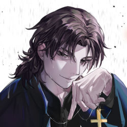 Rule 34 | 1boy, brown eyes, brown hair, cross, cross necklace, evil smile, fate/stay night, fate (series), highres, holding, holding cross, jar 1156944126, jewelry, kotomine kirei, male focus, mullet, necklace, rain, smile, solo, upper body, wet, zipper