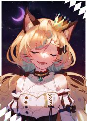 Rule 34 | 1girl, absurdres, animal ear fluff, animal ears, black bow, blonde hair, bow, cat ears, closed eyes, commentary, crescent moon, crown, detached collar, detached sleeves, english commentary, hair bow, hair ornament, hairclip, highres, long hair, low twintails, millie parfait, millie parfait (2nd costume), mini crown, moon, multiple hair bows, nashiina, nijisanji, nijisanji en, open mouth, solo, twintails, virtual youtuber