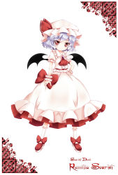 Rule 34 | 1girl, ascot, bat wings, blue hair, brooch, character name, cocozasa, dress, hand on own hip, hat, hat ribbon, highres, jewelry, looking at viewer, pink dress, puffy sleeves, red eyes, remilia scarlet, ribbon, short sleeves, slit pupils, smile, solo, touhou, wings, wrist cuffs