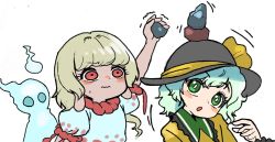 Rule 34 | 1other, 2girls, blonde hair, blouse, bow, earlobes, ebisu eika, frilled shirt, frilled shirt collar, frills, ghost, green eyes, green hair, hat, hat bow, hat ribbon, holding, holding rock, howhow notei, komeiji koishi, long earlobes, looking at another, multiple girls, open mouth, puffy short sleeves, puffy sleeves, pun, red eyes, ribbon, rock, rock balancing, shirt, short hair, short sleeves, stacking, stone, touhou, upper body, wavy mouth, white background, yellow shirt