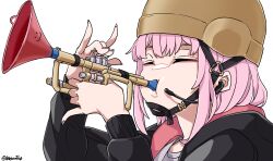 Rule 34 | 1girl, absurdres, bidortw, black jacket, closed eyes, commentary request, funnel, helmet, highres, hololive, hololive english, hood, hooded jacket, instrument, jacket, mori calliope, music, pink hair, pink nails, pinky out, playing instrument, portrait, solo, trumpet, twitter username, virtual youtuber