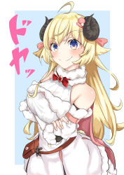 Rule 34 | &gt;:), 1girl, absurdres, ahoge, animal ears, bare shoulders, belt pouch, blonde hair, blush, bow, bowtie, breast hold, breasts, brooch, cape, cowboy shot, crossed arms, detached sleeves, dress, fur-trimmed cape, fur-trimmed dress, fur-trimmed sleeves, fur trim, hair between eyes, hair ornament, hairclip, halter dress, halterneck, highres, hololive, horns, jewelry, large breasts, long hair, pink cape, pouch, purple eyes, red bow, red bowtie, ribbed sleeves, sheep ears, sheep girl, sheep horns, short dress, sleeveless, sleeveless dress, solo, tsunomaki watame, tsunomaki watame (1st costume), uc curage, v-shaped eyebrows, very long hair, virtual youtuber, white dress