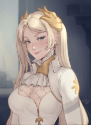 Rule 34 | 1girl, artist name, ascot, blonde hair, breasts, cleavage, commentary, english commentary, green eyes, highres, large breasts, long hair, long sleeves, looking at viewer, nier:automata, nier (series), parted bangs, personal ami, smile, solo, twintails, upper body, white ascot, commander (nier:automata)
