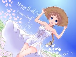 Rule 34 | 1girl, bare shoulders, blonde hair, blue eyes, braid, breasts, character name, cleavage, dated, dress, field, flower, happy birthday, hat, highres, long hair, lynette bishop, medium breasts, oxchu, smile, solo, strapless, strapless dress, straw hat, strike witches, thighs, white dress, world witches series