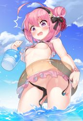 Rule 34 | 1girl, 2drr, ^^^, ahoge, azur lane, bare arms, bare shoulders, bikini, bikini skirt, bikini top only, black bikini, black bow, black hairband, black ribbon, blue sky, blush, bow, breasts, bucket, cloud, contrapposto, covered erect nipples, cowboy shot, crying, crying with eyes open, day, double bun, flower, flower bracelet, frilled bikini, frilled bikini top, frills, from below, glint, groin, hair between eyes, hair bow, hair bun, hair flower, hair ornament, hair ribbon, hairband, hand up, huge ahoge, innertube, looking down, microskirt, navel, ocean, open mouth, outdoors, pink bikini, pink hair, pink skirt, purple eyes, pussy, pussy peek, red flower, ribbon, saratoga (azur lane), saratoga (seven seas of rest) (azur lane), shiny skin, short hair, sidelocks, skirt, sky, small breasts, solo, standing, stomach, surprised, swim ring, swimsuit, tears, thighs, wading, wardrobe malfunction, white bow, yellow flower