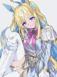 Rule 34 | 1girl, ahoge, alternate costume, animal ears, blonde hair, blue eyes, blue hair, blurry, blush, boots, bow, bowtie, closed mouth, colored inner hair, commentary request, depth of field, diamond hair ornament, epaulettes, feet out of frame, grey jacket, half-closed eyes, head tilt, highres, horse ears, horse girl, horse tail, horseshoe ornament, jacket, knee boots, long sleeves, looking at viewer, m75255831, multicolored hair, neo universe (umamusume), pink bow, pink bowtie, shorts, sitting, smile, solo, tail, thighhighs, thighs, umamusume, white background, white footwear, white shorts, white thighhighs, yellow pupils