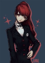 Rule 34 | 1girl, black jacket, blazer, bow, brown eyes, closed mouth, hair bow, jacket, kuzudon, long hair, looking at viewer, persona, persona 5, persona 5 the royal, ponytail, red bow, red hair, school uniform, shuujin academy school uniform, simple background, solo, twitter username, upper body, yoshizawa kasumi