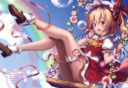 Rule 34 | 1girl, :d, absurdres, ahoge, ascot, black footwear, blonde hair, bridal garter, bubble, fangs, flandre scarlet, frilled socks, frills, full body, hair between eyes, hat, highres, holding, huge filesize, long hair, mary janes, miniskirt, mob cap, open mouth, red eyes, red skirt, riichu, scan, shirt, shoes, short sleeves, side ponytail, simple background, sitting, skirt, smile, socks, solo, touhou, white hat, white shirt, white socks, yellow ascot