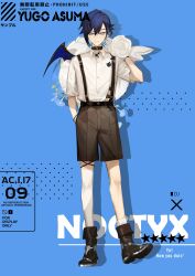 Rule 34 | 1boy, absurdres, ankle socks, asymmetrical legwear, belt, belt collar, bishounen, black belt, black bracelet, black collar, black footwear, black shorts, blue background, blue eyes, blue hair, blue wings, boots, buttons, character name, closed mouth, collar, collared shirt, commentary, demon wings, english text, eyelashes, flower, full body, hand in pocket, highres, kami off record, looking at viewer, male focus, mini wings, nijisanji, nijisanji en, rose, shadow, shirt, short hair, shorts, simple background, single sock, single thighhigh, single wing, smile, socks, solo, straight-on, suspenders, symbol-only commentary, thighhighs, white flower, white rose, white shirt, white socks, white thighhighs, wings, yugo asuma