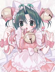 Rule 34 | 1girl, alternate costume, animal hat, apron, arm ribbon, back bow, bell, blush, blush stickers, bow, cat hat, dejiko, di gi charat, dress, frilled apron, frilled dress, frills, furrowed brow, green eyes, green hair, hair bell, hair intakes, hair ornament, hair ribbon, hat, highres, holding, holding ribbon, jingle bell, maid apron, maid headdress, open mouth, pepeppepe101, pink dress, pink ribbon, puffy short sleeves, puffy sleeves, ribbon, short hair, short sleeves, simple background, solo, white bow, wrist ribbon