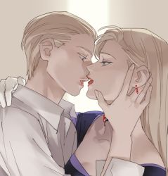 Rule 34 | 1boy, 1girl, alexia ashford, alfred ashford, blonde hair, blue eyes, dress, french kiss, gloves, highres, hug, incest, jewelry, kiss, lipstick, lipstick mark, looking at another, makeup, purple dress, red jewel, resident evil, resident evil - code: veronica, shirt, siblings, twincest, twins, white gloves, white shirt