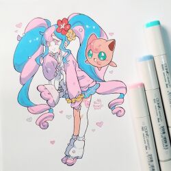 Rule 34 | art tools in frame, blue hair, commentary, creatures (company), dated, drill hair, fairy miku (project voltage), flower, full body, game freak, gen 1 pokemon, hair flower, hair ornament, hatsune miku, heart, highres, ibi chuan, jigglypuff, long hair, loose socks, marker (medium), miniskirt, multicolored hair, nintendo, open mouth, photo (medium), pink eyes, pink hair, pink sweater, pokemon, pokemon (creature), project voltage, sidelocks, signature, skirt, sleeves past wrists, smile, socks, sweater, traditional media, twin drills, two-tone hair, very long hair, vocaloid