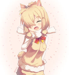 Rule 34 | 10s, 1girl, :d, alpaca ears, alpaca suri (kemono friends), animal ears, blonde hair, commentary, cowboy shot, closed eyes, fur collar, fur trim, hair over one eye, hand on own cheek, hand on own face, highres, kemono friends, long sleeves, open mouth, short hair, smile, solo, supershiruco, tail, twitter username