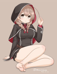 Rule 34 | 1girl, barefoot, belt, black capelet, black dress, braid, breasts, brown background, brown belt, brown hair, capelet, commentary request, dated, dress, hood, hood up, hooded capelet, kantai collection, large breasts, long hair, masara (chuujou), pleated dress, red ribbon, ribbon, shinshuu maru (kancolle), simple background, sitting, solo, twin braids, twitter username, yokozuwari
