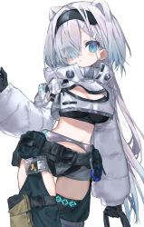 Rule 34 | 1girl, animal ears, arknights, arm pouch, aurora (arknights), belt, belt pouch, black gloves, black hairband, black thighhighs, blue eyes, blue hair, gloves, glowing, glowing eyes, gradient hair, grey background, grey hair, hair ornament, hairband, hairclip, highres, holding, hood, hood down, id card, long hair, multicolored hair, pouch, see-through, short shorts, shorts, simple background, sleeves past wrists, sohare, solo, thigh pouch, thigh strap, thighhighs, very long hair