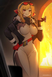 Rule 34 | 1girl, :q, absurdres, akaharuu, artist name, black gloves, blacksmith, blonde hair, blush, breasts, commentary, dress, english commentary, eyewear on head, fire, furnace, gloves, hand on own hip, highres, holding, holding mallet, hololive, hololive indonesia, kaela kovalskia, large breasts, looking at viewer, mallet, mallet (instrument), medium hair, neck warmer, red-tinted eyewear, red eyes, red gloves, side slit, smile, solo, standing, sunglasses, taut clothes, taut dress, tinted eyewear, tongue, tongue out, two-tone bodysuit, two-tone gloves, virtual youtuber, white dress