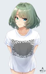 Rule 34 | 1girl, arms behind back, artist name, blue eyes, bottomless, commentary request, cowboy shot, fluttering heart illusion, green eyes, green hair, grey background, heterochromia, highres, idolmaster, idolmaster cinderella girls, infinote, looking at viewer, meme, mole, mole under eye, naked shirt, shirt, short hair, simple background, smile, solo, t-shirt, takagaki kaede, white shirt