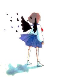 Rule 34 | 1girl, black wings, blue sailor collar, blue skirt, brown hair, commentary, facing away, feathered wings, feathers, from behind, full body, long sleeves, neckerchief, no shoes, original, pleated skirt, red neckerchief, sailor collar, sailor shirt, school uniform, serafuku, shadow, shirt, short hair, simple background, skirt, socks, solo, standing, tokunaga aoi, traditional media, white background, white shirt, white socks, wind, wings