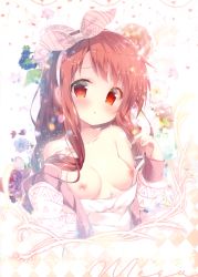 Rule 34 | 1girl, absurdres, bare shoulders, blush, bow, breasts, character name, collarbone, floral background, gochuumon wa usagi desu ka?, hair bow, hairband, hand on own chest, hands up, highres, long hair, long sleeves, looking at viewer, medium breasts, mitsumomo mamu, natsu megumi, nipples, no bra, off shoulder, red eyes, red hair, scan, sidelocks, sleeves past wrists, solo, upper body, white hairband