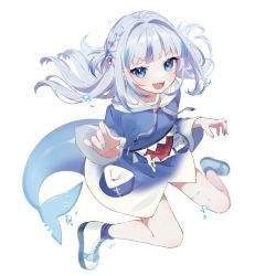 Rule 34 | 1girl, :d, blue eyes, blue hoodie, blue nails, blunt bangs, blurry, blush, bubble, depth of field, fins, fish tail, flat chest, floating hair, full body, gawr gura, gawr gura (1st costume), gradient clothes, hair ornament, highres, hinakano h, hololive, hololive english, hood, hoodie, long hair, looking at viewer, multicolored hair, nail polish, open mouth, shark hair ornament, shark tail, sharp teeth, shoes, silver hair, simple background, smile, solo, streaked hair, tail, teeth, two side up, v-shaped eyebrows, virtual youtuber, white background, white footwear