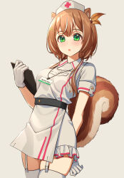 Rule 34 | 1girl, :o, animal ears, ayunda risu, belt, breasts, brown hair, clipboard, garter straps, gloves, green eyes, grey background, hair ornament, hairclip, hat, highres, holding, holding clipboard, hololive, hololive indonesia, kangbus, leaf hair ornament, looking at viewer, low twintails, medium breasts, name tag, nurse, nurse cap, rubber gloves, short hair, sleeves rolled up, solo, squirrel ears, squirrel girl, squirrel tail, tail, thick thighs, thighhighs, thighs, twintails, virtual youtuber, white thighhighs