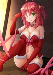 Rule 34 | 1girl, absurdres, ahoge, bare shoulders, bell, blush, bow, bow panties, breasts, christmas, cleavage, commentary, elbow gloves, fur-trimmed gloves, fur-trimmed legwear, fur trim, gloves, green eyes, hair bell, hair between eyes, hair bow, hair ornament, hairclip, hand up, highres, hololive, indoors, kazenokaze, knee up, long hair, medium breasts, navel, one side up, panties, pink ribbon, red bow, red gloves, red hair, red panties, red thighhighs, ribbon, sakura miko, solo, tehepero, thighhighs, underwear, virtual youtuber, wooden floor, x hair ornament