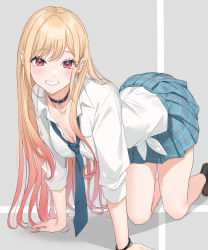Rule 34 | 1girl, all fours, arm support, artist name, bad id, bad pixiv id, black collar, blonde hair, blue necktie, blue skirt, blush, breasts, choker, cleavage, collar, collarbone, commentary, earrings, eyelashes, fingernails, gradient hair, grin, hair over shoulder, hatsuno xxx, head tilt, heart, heart-shaped pupils, highres, jewelry, kitagawa marin, long hair, looking at viewer, multicolored hair, nail polish, necktie, open mouth, piercing, pink nails, pleated skirt, red eyes, resolution mismatch, revision, school uniform, shadow, shoes, skirt, smile, solo, sono bisque doll wa koi wo suru, source smaller, symbol-shaped pupils, tareme, twitter username, wing collar
