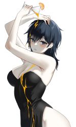 Rule 34 | 1girl, absurdres, armpits, arms up, bare arms, bare shoulders, black dress, black hair, blue eyes, blush, borrowed character, breasts, cleavage, commentary request, cowboy shot, cup, dress, food, fruit, hand on own head, highres, holding, holding cup, large breasts, lillly, looking at viewer, medium breasts, medium hair, orange (fruit), orange slice, original, pale skin, parted lips, pouring, pouring onto self, side slit, sleeveless, sleeveless dress, solo, standing, teeth, yokoyama ishimi