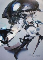 10s 1girl abyssal_ship bodysuit cane colored_skin enemy_aircraft_(kancolle) female_focus film_grain gloves gradient_background green_eyes highres kantai_collection monster_girl non-web_source official_art oguchi pale_skin silver_hair solo staff white_skin wo-class_aircraft_carrier