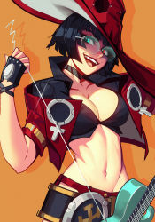 Rule 34 | 1girl, belt, belt buckle, black gloves, black hair, black shirt, blue eyes, breasts, buckle, cleavage, commentary, cropped jacket, cropped shirt, electric guitar, english commentary, fang, fingerless gloves, glasses, gloves, green-tinted eyewear, green-tinted glasses, grin, guilty gear, guilty gear strive, guitar, hat, heterochromia, highres, i-no, instrument, jacket, large breasts, lips, looking at viewer, mole, mole above mouth, navel, nose, open mouth, orange background, qtori, red eyes, red hat, red jacket, rimless eyewear, shirt, short hair, smile, solo, sunglasses, teeth, tinted eyewear, toned, upper teeth only, witch hat