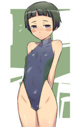 Rule 34 | 1girl, atlus, bare shoulders, black hair, blush, breasts, brown eyes, competition swimsuit, em (totsuzen no hakike), embarrassed, highleg, highleg swimsuit, matsunaga ayane, megami tensei, one-piece swimsuit, perky breasts, persona, persona 4, shin megami tensei, short hair, small breasts, solo, sweat, swimsuit, tears