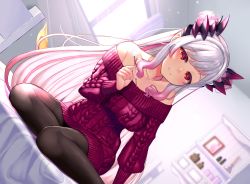1girl, 774 inc., absurdres, bare shoulders, bed, bed sheet, bedroom, demon girl, demon horns, demon tail, eyebrows visible through hair, futayamam2, gradient hair, highres, holding, honey strap, horns, jewelry, largo, long hair, mimikaki, multicolored hair, necklace, pantyhose, pointy ears, red eyes, red sweater, sitting, smile, solo, sunlight, suou patra, sweater, tail, very long hair, virtual youtuber, window