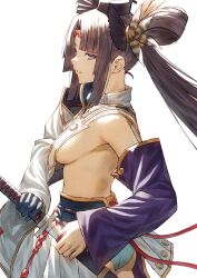 Rule 34 | 1girl, armor, asymmetrical sleeves, black gloves, black hair, blue eyes, breast curtains, breasts, commentary request, detached sleeves, fagi (kakikaki), fate/grand order, fate (series), feather hair ornament, feathers, from side, gloves, hair ornament, hat, highres, holding, holding sheath, japanese armor, long hair, looking at viewer, mismatched sleeves, parted bangs, parted lips, profile, purple sleeves, revealing clothes, sheath, shoulder armor, showgirl skirt, side ponytail, sideboob, single glove, sode, solo, sword, tate eboshi, unsheathing, upper body, ushiwakamaru (fate), very long hair, weapon, white background, white sleeves