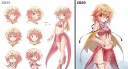 Rule 34 | 1girl, 2015, 2020, :o, ^^^, ^ ^, artist progress, bangle, bare shoulders, blush, boots, bracelet, breasts, brown cape, brown capelet, brown footwear, brown hair, cape, capelet, chibi, closed eyes, closed mouth, color guide, commentary request, crop top, flying sweatdrops, groin, hair between eyes, headpiece, highres, jewelry, looking at viewer, multiple views, navel, open mouth, original, parted lips, red eyes, red skirt, redrawn, ryogo, skirt, small breasts, smile, v-shaped eyebrows, white background
