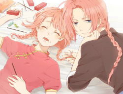 Rule 34 | 1boy, 1girl, blue eyes, braid, brother and sister, candy, chinese clothes, chips (food), closed eyes, double bun, food, food on face, gintama, hair bun, kagura (gintama), kamui, kamui (gintama), karuha, looking at viewer, pink hair, pocky, potato chips, siblings, single braid, sleeping, smile, twin braids