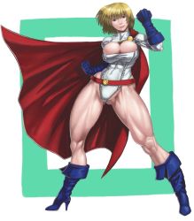 Rule 34 | 1girl, ass, belt, blonde hair, blue eyes, boots, breasts, cape, cleavage, cleavage cutout, clothing cutout, dc comics, gloves, gluteal fold, high heel boots, high heels, large breasts, leotard, power girl, short hair, smile, solo