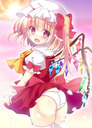 Rule 34 | 1girl, ascot, ass, bad id, bad pixiv id, blonde hair, blush, bow, clothes lift, crystal, dress, dress lift, eyebrows, eyes visible through hair, fang, flandre scarlet, frills, from behind, hair between eyes, hat, hat ribbon, kneehighs, legs together, looking at viewer, looking back, mob cap, moon, neckerchief, open mouth, panties, petals, petite, pleated dress, puffy sleeves, red bow, red dress, red eyes, ribbon, ribbon-trimmed sleeves, ribbon trim, rika-tan (rikatantan), scrunchie, short sleeves, side ponytail, skindentation, socks, solo, team shanghai alice, thighhighs, touhou, underwear, white hat, white panties, white socks, wings, wrist scrunchie, zettai ryouiki