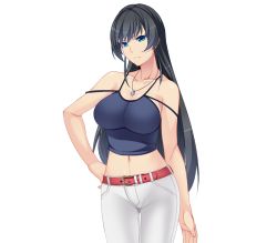 Rule 34 | 1girl, bare shoulders, belt, black hair, blue eyes, breasts, cleavage, collarbone, denim, game cg, hand on own hip, jeans, large breasts, legs, long hair, looking at viewer, midriff, nana g, navel, onee-chan saimin before after, pants, serious, simple background, solo, standing, thighs, white background