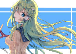 Rule 34 | 1girl, :o, absurdres, alternate costume, blue background, blue eyes, blue sailor collar, breasts, brown sweater, commentary request, frog hair ornament, from side, green hair, hair between eyes, hair ornament, hair tubes, highres, kochiya sanae, locked boy, long hair, looking at viewer, looking to the side, medium breasts, open mouth, sailor collar, school uniform, serafuku, signature, snake hair ornament, solo, striped, sweater, tareme, touhou, two-tone background, upper body, vertical stripes