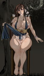 Rule 34 | 1girl, alternate costume, alternate hairstyle, barefoot, black dress, blush, breasts, brown hair, capcom, china dress, chinese clothes, chun-li, cleavage, clothes lift, curvy, dress, dress lift, feet, huge breasts, large breasts, long hair, looking at viewer, mucc (ren0522), nipples, red eyes, sitting, solo, steam, street fighter, street fighter v, sunlight, thick thighs, thighs, wide hips