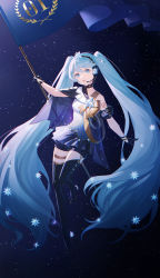 Rule 34 | 1girl, :d, absurdres, bad id, bad pixiv id, black footwear, black gloves, blue eyes, blue hair, boots, commentary, constellation, flag, full body, gloves, hatsune miku, headphones, highres, holding, holding flag, holding pole, long hair, looking at viewer, open mouth, polaris (star), polaris miku, pole, sky, smile, solo, star (sky), starry sky, thigh boots, twintails, very long hair, vocaloid, yidie
