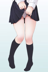 Rule 34 | 1girl, black socks, bow, bow panties, clothes lift, commentary request, gradient background, kneehighs, kozue akari, lifted by self, long sleeves, lower body, original, out of frame, panties, school uniform, shirt, skirt, skirt lift, socks, solo, underwear, uniform, white panties, white shirt