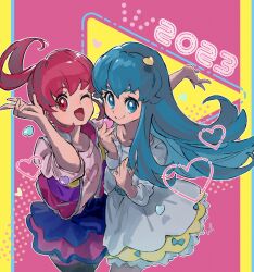 Rule 34 | 2023, 2girls, absurdres, aino megumi, blue eyes, blue hair, commentary, dress, happinesscharge precure!, highres, layered skirt, long hair, long sleeves, multiple girls, one eye closed, pink eyes, pink hair, ponytail, precure, shipu (gassyumaron), shirayuki hime, skirt, smile, white dress