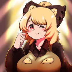 Rule 34 | 1girl, black bow, black shirt, blurry, blurry background, blush, bow, breasts, brown background, brown dress, brown eyes, closed mouth, collared shirt, commentary request, dress, extra eyes, hair bow, hair bun, hand up, highres, kurodani yamame, large breasts, long sleeves, looking at viewer, medium hair, one eye closed, pinafore dress, rinyamame, shirt, short hair, sleeveless dress, smile, solo, touhou, upper body