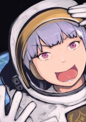 Rule 34 | 1girl, :d, arm up, astronaut, commentary, ear covers, earth (planet), gloves, gold ship (umamusume), hand up, helmet, highres, open mouth, planet, pun, purple eyes, purple hair, smile, solo, space, space helmet, spacesuit, star (sky), umamusume, v-shaped eyebrows, vent arbre, white gloves