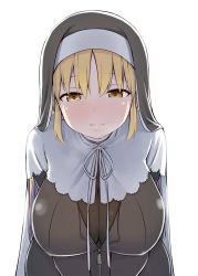 Rule 34 | 1girl, bad id, bad twitter id, bakutendou, blonde hair, blush, breasts, habit, heart, heart-shaped pupils, highres, large breasts, leaning forward, long hair, looking at viewer, nijisanji, nun, open mouth, simple background, sister claire, sister claire (1st costume), smile, solo, symbol-shaped pupils, unzipped, virtual youtuber, white background, yellow eyes