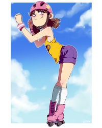 Rule 34 | 1girl, artist name, bare arms, bare shoulders, bicycle helmet, blush, brown hair, cloud, full body, helmet, highres, jcm2, kneehighs, leaning forward, looking at viewer, pigeon-toed, pink footwear, pink headwear, polly pain, purple shorts, roller skates, shirt, short twintails, shorts, skates, sky, smile, socks, solo, standing, tank top, the loud house, twintails, white socks, wristband, yellow shirt